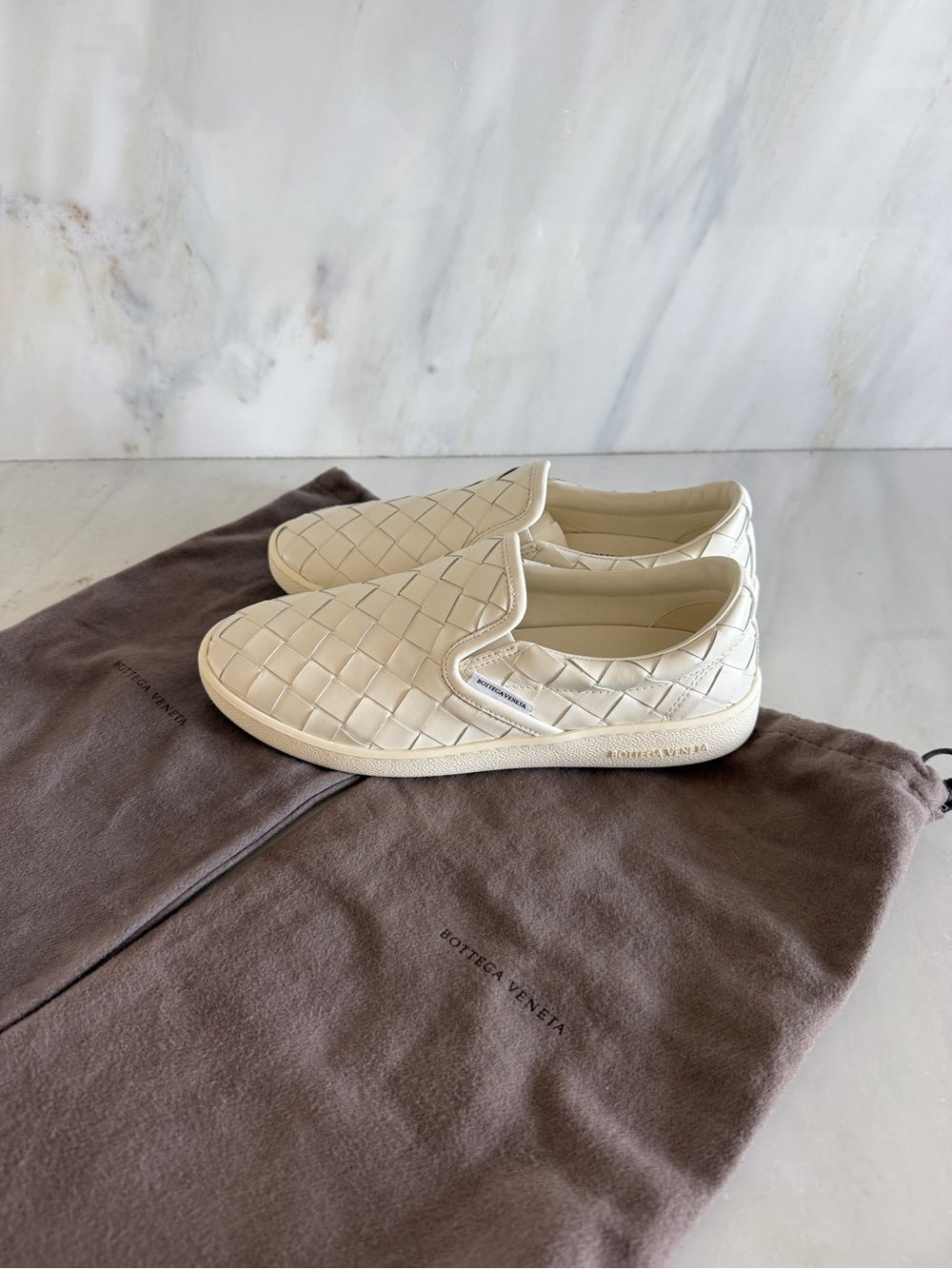 Brand New Bottega Veneta Woven Leather Slip-On Sneakers in Off-White